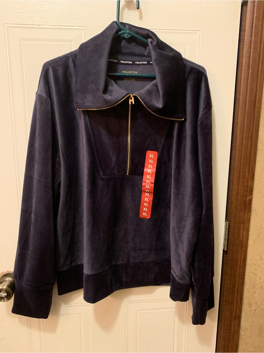 NWT Halston Navy Blue Velour Ribbed Quarter-Zip Pullover XL